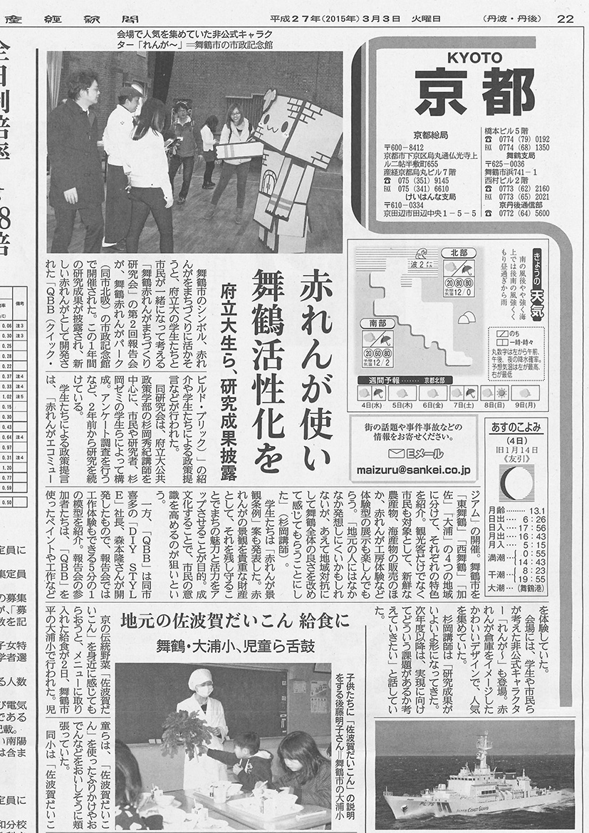 舞鶴赤れんがまちづくり研究会 第２回報告会　産経新聞掲載（2015年3月3日）