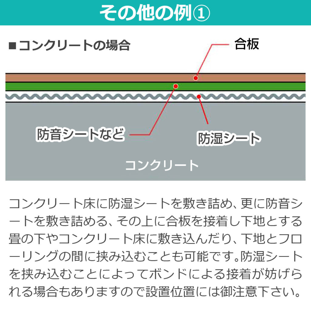 その他の例 コンクリート床に防湿シートを敷き詰め、更に防音シートを敷き詰める、その上に合板を接着し下地とする畳の下やコンクリート床に敷き込んだり、下地とフローリングの間に挟み込むことも可能です。防湿シートを挟み込むことによってボンドによる接着が妨げられる場合もありますので、設置位置にはご注意下さい
