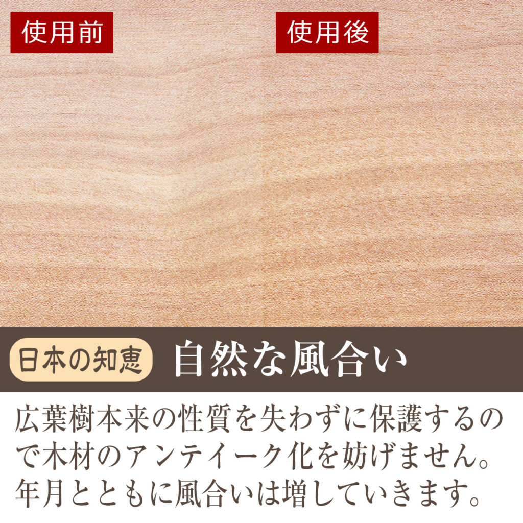 広葉樹本来の性質を失わずに保護するので、木材のアンティーク化を妨げません 年月とともに風合いは増していきます