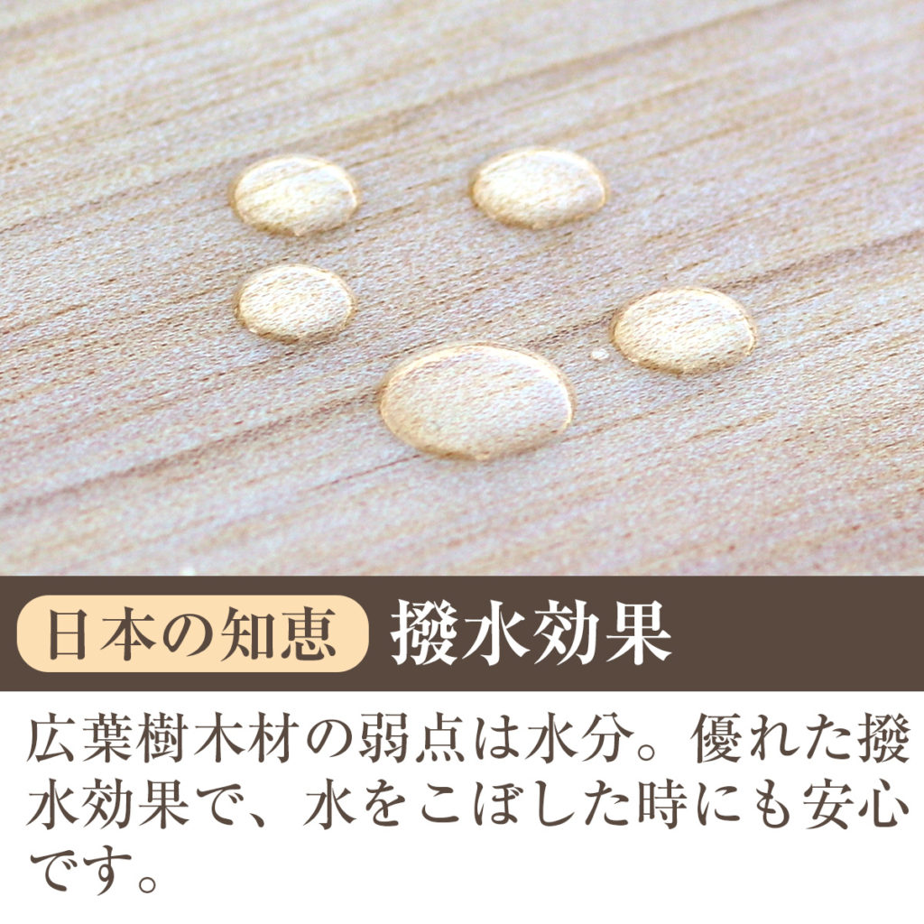 広葉樹木材の弱点は水分。蜜蝋ワックスを塗れば優れた撥水効果を発揮し、水をこぼした時にも安心です